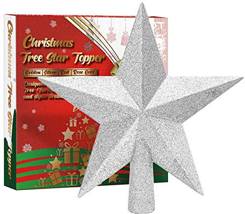 URATOT Glitzernder Weihnachtsbaumspitze, Weihnachtsdekoration, Weihnachtsbaumspitze, bruchsicher, für Feiertage, Weihnachtsbaumdekoration, Silber, 15,2 cm