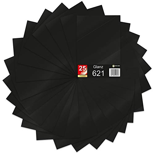 25 x Din A4 Bögen Plotterfolie 621/631 Selbstklebende Folie im Set Vinyl zum Plotten DIY Bastelfolie Sticker Beschriftung Aufkleber 29,7x21cm (Schwarz matt, 25er Set)