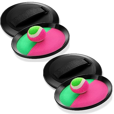 Toss and Catch Ball Set with Four Velcro Paddle Discs and Two Tennis Balls, Fun Outdoors Garden & Beach Toy Game for the Whole Family, Develops Hand-eye Coordination (Beach Catch It Game, 2 Sets)