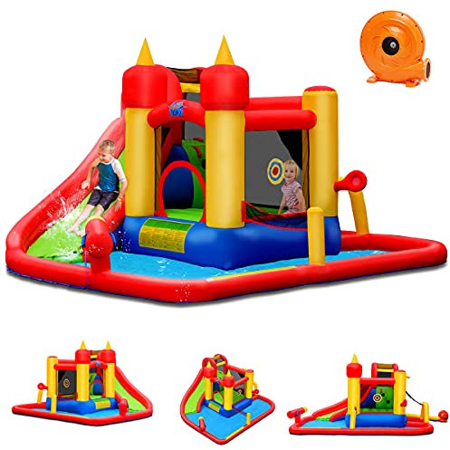 GOPLUS Castillo Hinchable 7 en 1, Inchable Infantil Interior Exterior, Cosido de Material Extra Rueso, Ninos Adecuado de 3 a 10 Años, con Zona de Salto de Pared de Escalada, 410 x 385 x 220 cm