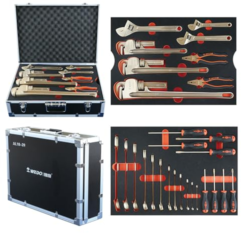 WEDO Juego de herramientas sin chispas de 28 piezas,kit de herramientas de seguridad sin chispas con llaves,alicates,destornillador en la caja de herramientas DINgB,bronce de aluminio