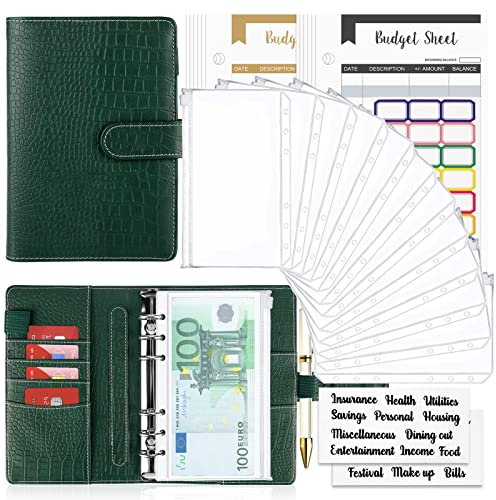 TAOPE Raccoglitore Notebook A6, Binder Budget Set Portadocumenti in Pelle PU con 12 Trasparente Sacchetti Cerniera Compilabile, per Budget Contanti Buste Risparmio Denaro - Motivo Coccodrillo Verde