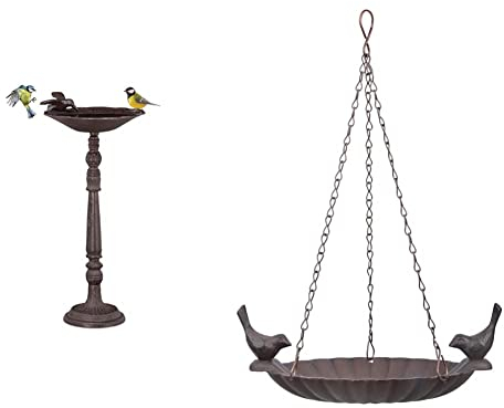 Relaxdays Abreuvoir en Fonte sur Colonne, Décoration pour Jardin,mangeoire avec Soucoupe, Marron & Fallen Fruits Ltd - Bain d’Oiseaux à Suspendre avec 2 Oiseaux - Marron