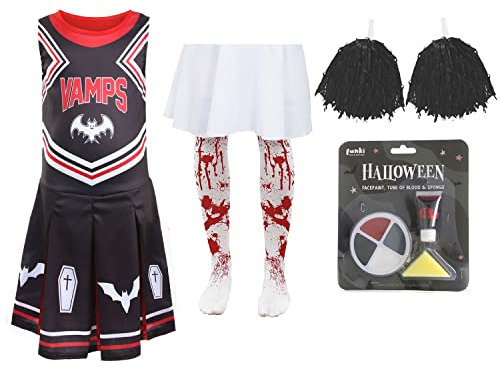Mädchen Halloween Vampir Cheerleader - X-Large 13-14 Jahre - Schwarzes Cheerleader-Kleid mit schwarzen Pompons, blutigen Strumpfhosen, Kunstblut und Gesichtsfarbe