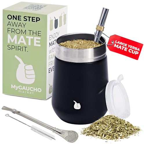 MyGaucho Yerba Mate Cup Gourd Set, Large 10oz, 2 Bombillas & Spill-Prev Lid | Includes BPA-free lid and cleaning brush for easy prep, comfortable sipping, and simple cleanup at home, work, or on the go