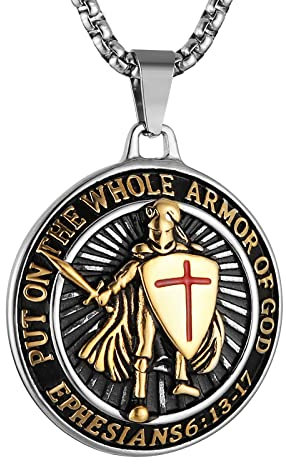 HZMAN Tempelritter Put On The Whole Armor of God Ephesians 6:13-17 Rotes Kreuz Design Edelstahl Halskette für Männer Schmuck Geschenk (Silber Gold)