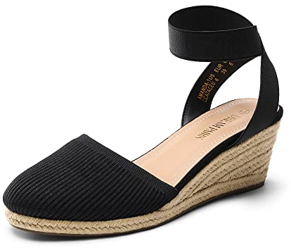 DREAM PAIRS Women's Black Knit Closed Toe Elastic Ankle Strap Espadrilles Wedge Sandals Amanda-1,Size 10 US,8 UK