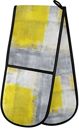 Long Double Oven Mitts, Yellow Grey Abstract Art Heat Resistant Quilted Kitchen Oven Gloves with Loop Washable for Microwave Cooking Baking Grilling Barbecue, 7 x 35