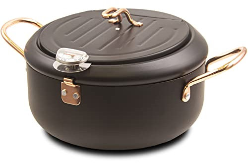 Cyrder Japanese Tempura Deep Fryer Pot, Fahrenheit Thermometer, Temperature Resistance Nonstick Coating, Easy Clean up, Heat up Fast, Big Exquisite Black Oil Fryer, 9.5inch/24cm