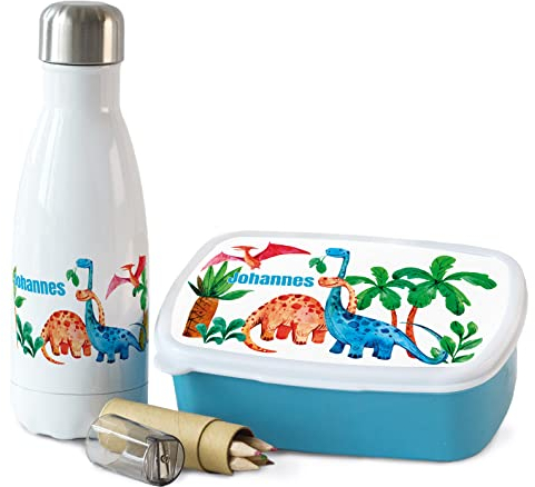GRAZDesign Brotdose und Trinkflasche Dinosaurier Set für Jungen personalisierte Snackbox mit Trennwand - Wasserflasche aus Edelstahl 350ml | Geschenk zur Einschulung