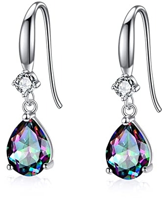 POPLYKE Regenbogen Quarz CZ Träne Dangle Ohrringe 925 Sterling Silber Mardi Gras Ohrringe Damen