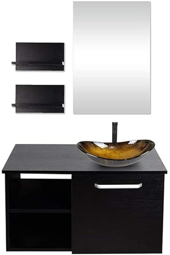 YU YUSING Badmöbel Set Waschbeckenunterschrank Badezimmerschrank mit Waschbecken Unterschrank Spiegel, Badezimmermöbel mit Waschtisch, Spiegelschrank, 2 Wandregale, Wasserhahn Set (Modern Golden)