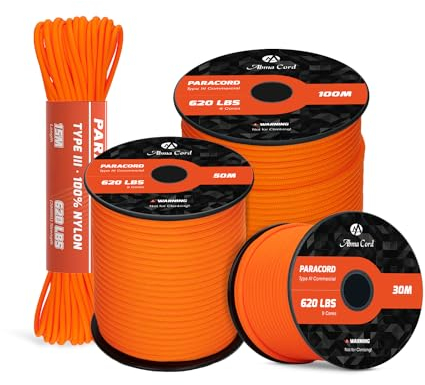 Abma Cord Paracord 620lbs 4mm 15M 100% Nylon Seil Typ 3 Schnur mit 9 Kern für Basteln, Camping, Survival, Outdoor - Max. 280kg - Orange