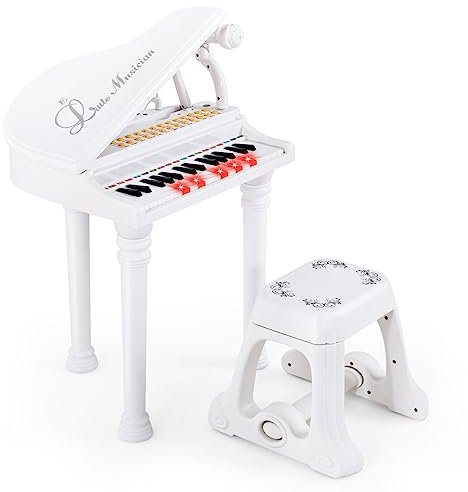 COSTWAY Tastiera Pianoforte a 31 Tasti per Bambini con Microfono e Sgabello, Tasti Giocattolo Portatile con Modalità di Insegnamento a LED, Pianoforte a Coda per Bambini 3+ Anni (Bianco)