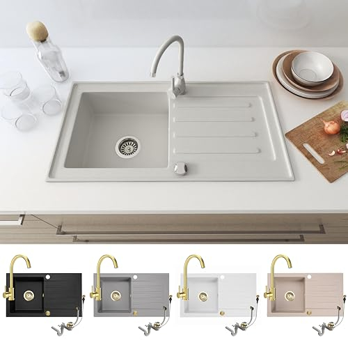 Faizee Möbel | Granitspüle 76x44 Weiß Spülbecken Küche mit Armatur Gold Küchenspüle Granit für Unterschränke ab 45 cm inkl. Goldenes Siphon Set Spülbecken mit Wasserhahn Spüle Küche Weiß
