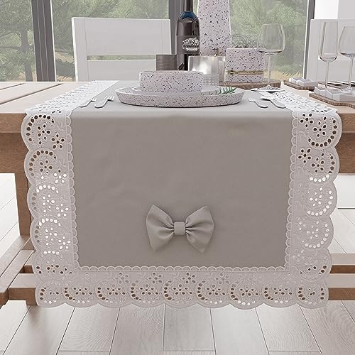 PETTI Artigiani Italiani - Tischläufer, Küchenläufer, Elegante Tischläufer, einfarbig, mit Rüschen aus Spitze und Schleifen, Tischläufer aus Baumwolle, Tischläufer 40 x 140 cm, 100% Made in Italy