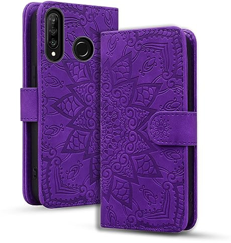 Rosbtib Custodia Mobile per Huawei P30 Lite/Nova 4E Premium in Pelle PU con Chiusura Magnetica Stand Funzione Flip Cover Mandala Embossing Huawei P30 Lite/Nova 4E - Viola