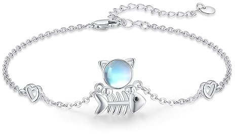 TRISHULA Katzenarmband 925 Sterling Silber Fischgrätenarmband Mondsteinarmband Katzenfischschädelarmband Tierarmband Katzenschmuck Geschenk für Frauen Mädchen