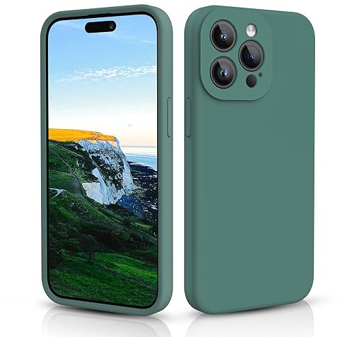 CALOOP Slim-Fit for iPhone 15 Pro Case,Skin Soft Liquid Silicone,Sturdy Hard Frame Shockproof Cover with Anti-Scratch Microfiber Lining,Full Protection for Screen and Camera Lens, 6.1 inch(Pine Green)