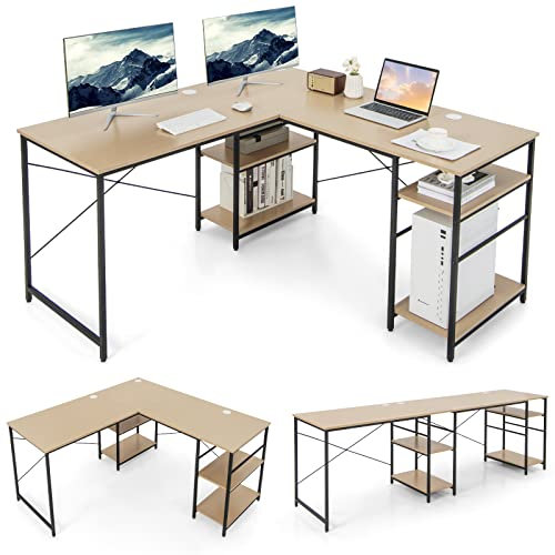 COSTWAY Schreibtisch L-Form, reversibler Eckschreibtisch mit 4 Ablagen, Ecktisch mit 3 Kabellöchern, Gaming Computertisch Bürotisch für Home Office, 151 x 151 x 75 cm (Natur)
