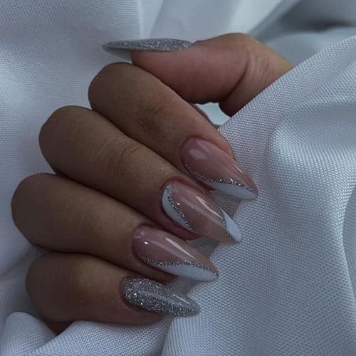 Ceboic 24Pcs French False Nails Medium Length, Almond Press On With Silver Wavy Pattern, Glossy Pink Glitter Glue On, Acrylic Full Cover Stick On for Women and Girls Nail Art