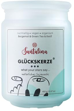 Bergamot, Green Tea & Basil Duftkerze – Glückskerze mit zufälliger Botschaft | frisch-kräutrig & belebend – ideal für stilvolle Gartenmomente | 450g Sojawachs im Glas, Brenndauer ca. 45 Std