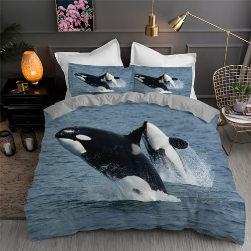 BettwäSche 135x200 Orca Bettbezug Set 3 Teilig Aquamarin Flauschig BettbezüGe und 2 Kissenbezug 80x80, Allergiker BettwäSche-Sets Weiche Microfaser mit ReißVerschluss