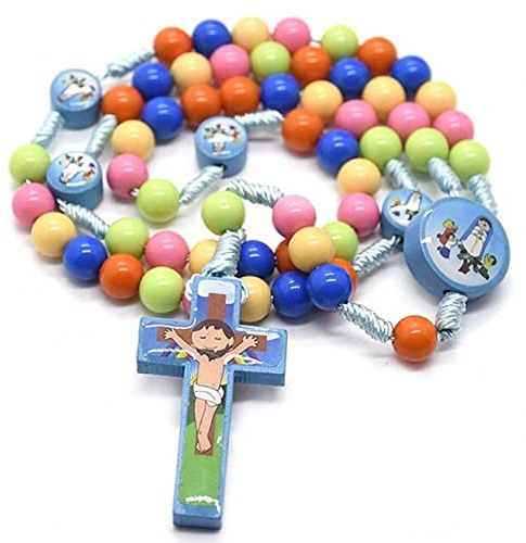 Holz Rosenkranz Halskette Cartoon Jesus Katholische Rosenkranz Kreuz Handmade Rosenkranz Holzkette Kreuz Halskette für Kinder Kind Mädchen