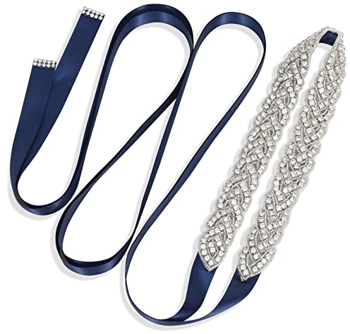 JasGood Braut Strass Hochzeit Gürtel Handgemachtes Silber Kristall Brautkleid Schärpe Gürtel für Brautkleider, Navy Blau, 43cm(Strass)+255cm(Schleife)