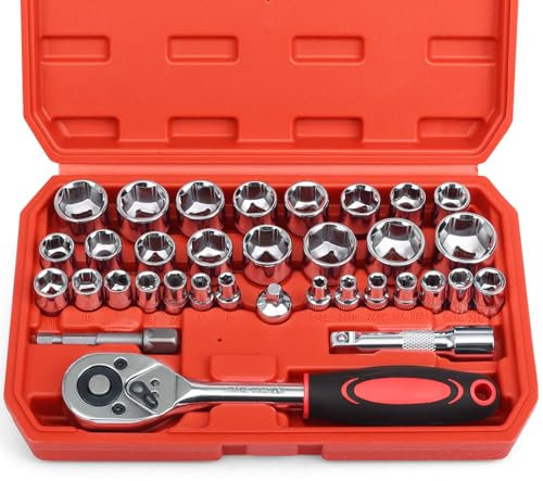 EGOFINE 34 Pieces 3/8 inch Drive Socket Ratchet Wrench Set, with Socket Set Metric/SAE and Extension Bar for Auto Repairing and Household, with Storage Case