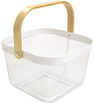 Cesta de Metal Blanca con Asa de Madera, Frutero Centro de Mesa, Organización de Cocina, 25 cm
