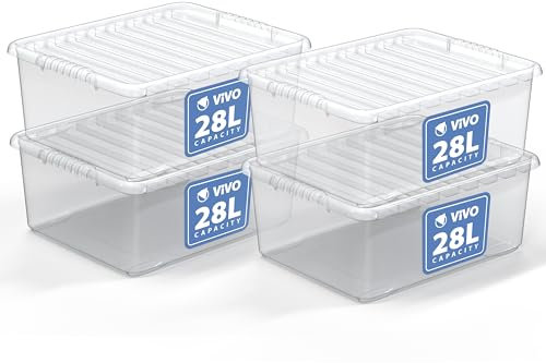 28L Storage Box with Lid, Clear Transparent Plastic Storage Box, Super Strong Stackable Storage Boxes, Multipurpose Useful Organizer for Home, Office, Kitchen & Accessories (Pack of 4)