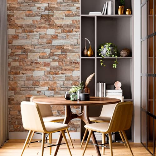 Ambiance Sticker Papier Peint Intissé Pré-encollé Rouleau Wallpaper Parement en Pierre Rouge Adhésif Décorative - 1 Roulle de H300 x L60 cm