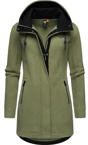 Ragwear Damen warme Teddyjacke lang Fleecemantel mit Kapuze Letti Teddy-Fleece YOUMODO Light Olive Gr. S