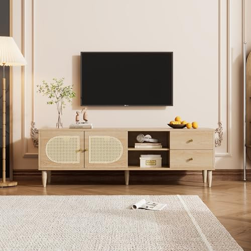 BTM Meuble TV Bas, Meuble TV Chambre avec 2 Portes et 2 tiroirs, Meuble TV avec Rangement avec Étagère Réglable en Hauteur et système de Gestion des câbles, Banc TV Moderne, Bois, 150x40x50cm