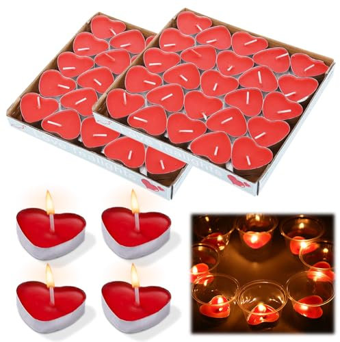 Gohytal Herz Teelichter, 50 Stück Romantische Kerzen Rote Teelichter Herzform Romantische Deko für Valentinstag, Geburtstag, Vorschlag, Party, Jubiläum, Hochzeit, Verlobung Tischdekoration