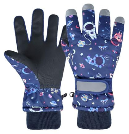 FAYHIJUN Handschuhe Kinder Winter schneehandschuhe Skihandschuhe für 1-13 Jahre Mädchen Jungen PU Palme Wasserdicht Winddichte Warm Fleece Winterhandschuhe Fahrradhandschuhe (Raum-blau, XS)