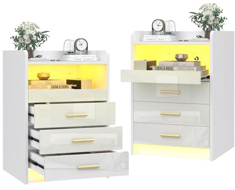 HaodaCulture Nachttisch mit Steckdose, Nachttisch 2er Set, Nachtkommode Weiß Hochglanz mit LED, Einstellbare 36 Farben, Offenes Fach, Beistelltisch Nachtschrank für Schlafzimmer Wohnzimmer 45x40x65cm