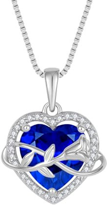 starchenie Collier Coeur Femme Argent 925 Pendentif Rose Fleur Saphir Pierre de Naissance Bijoux Cadeau des Femme