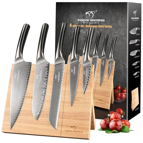 NANFANG BROTHERS Knife Set, 6-Piece Damascus Steel Kitchen Knife Set with Magnetic Wooden Frame, Ergonomic ABS Handles