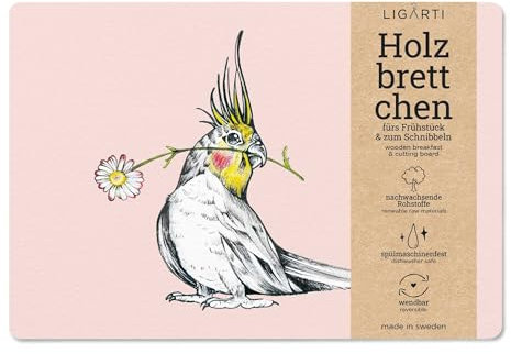 Ligarti® Frühstücksbrettchen (aus Holz) I Schneidebrett in 22x15 Made in Sweden & spülmaschinenfest I Nachhaltiges Breakfast Board, Holzbrett (Nymphensittich)