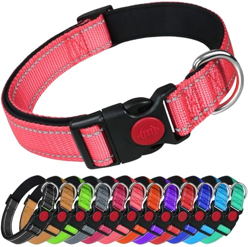 LARRYROO Reflective Dog Nylon Collar | Slide Lock Safety Buckle | Fully Adjustable | Soft Neoprene Padding (Light Pink, Medium (35cm - 50cm Neck))