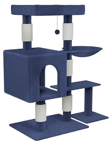 FIVMEN Kratzbaum Groß 93 cm Hoch Katzenbaum Katzenkratzbaum Blau mit Kratzsäulen, Katzenhöhle, Plattformen, Korb Katzenmöbel Kletterbaum für Katzen, 49x40,5x93cm