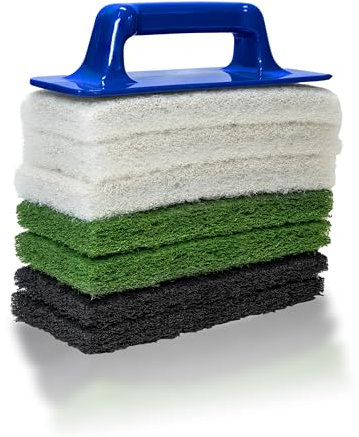 Handpad-Set mit Griffhalter + 7 Superpads (3X weiß, 2X grün, 2X schwarz) – Reinigungspads für Holzpflege, Parkett, Möbel & Terrassen – Schleifpads/Polierpads 250 x 115 mm