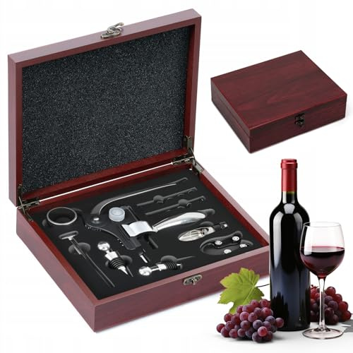 Tire Bouchon, Ouvre Bouteilles de Vin avec Coffret Cadeau, Set Tire Bouchons Sommelier 9 pièces avec Levie-lapin,Coupe-Capsule,Verseur,Thermomètre à Vin,2 Bouchons,2 Vis Sans Fin,Anneaux Anti-Goutte