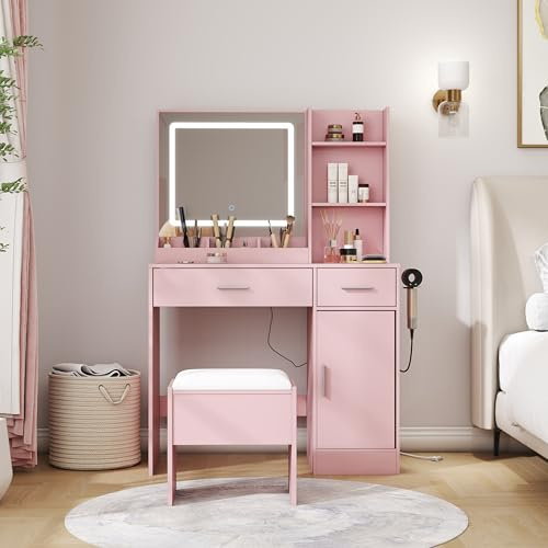 Roundhill Furniture Lavin Schminktisch Set, Schminktisch mit Hocker, LED-Lichtspiegel und Ladestation, Rosa