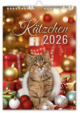 Kalender 2026 Kätzchen Katzen Wandkalender DIN A4 Katzenkalender mit Schulferien Katzen-Motiv festliches Motiv Weihnachtsmotiv V2
