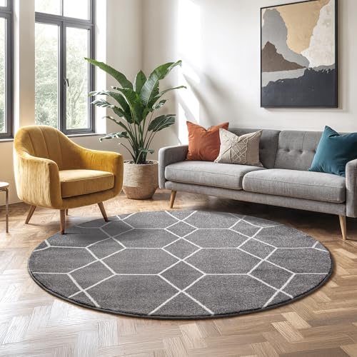 SANAT Wohnzimmerteppich – Pflegeleicht, für jeden Raum geeignet – Öko-Tex zertifizierter Flächenteppich – Trellis Muster, Grau, 200 cm Rund