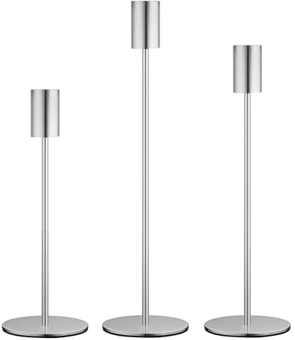 AiiBowy Kerzenständer Silber 3 Set, 22/27/32cm Kerzenständer Stabkerzen, Hoch Metall Stabkerzenhalter, Kerzenhalter Adventskranz für Romantisches Candle Light Dinner,Jubiläum,Hochzeitsfeier (Silber)