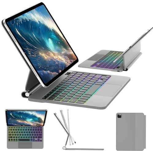 Étui pour iPad Air 11 avec clavier (M3/M2, 2025/2024), iPad Pro 11 (4e/3e/2e/1ère génération) et clavier tactile multi-touch rétroéclairé Air 5e/4e génération, support flottant facile à régler, gris